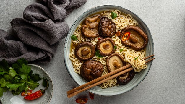 Flat lay noodles in a bowl