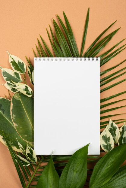 Flat lay of notebook on plant leaves