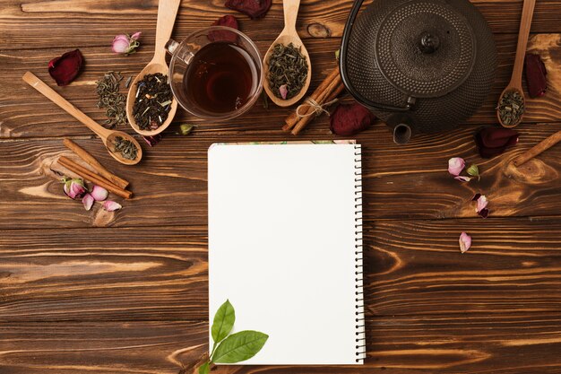 Flat lay notepad template with tea concept