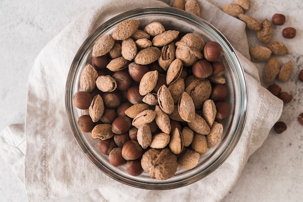 Flat lay of nuts in bowl