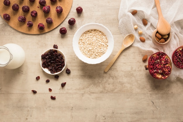 Flat lay oats bowl with dried fruits