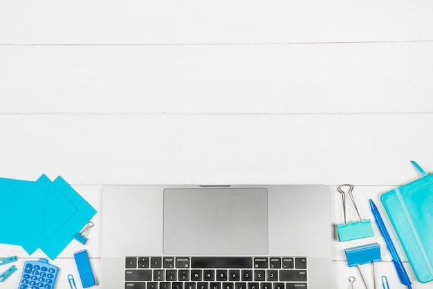 Flat lay of office desk with copy space