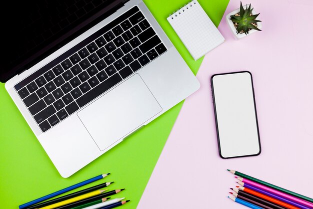 Flat lay office desk with phone mock-up