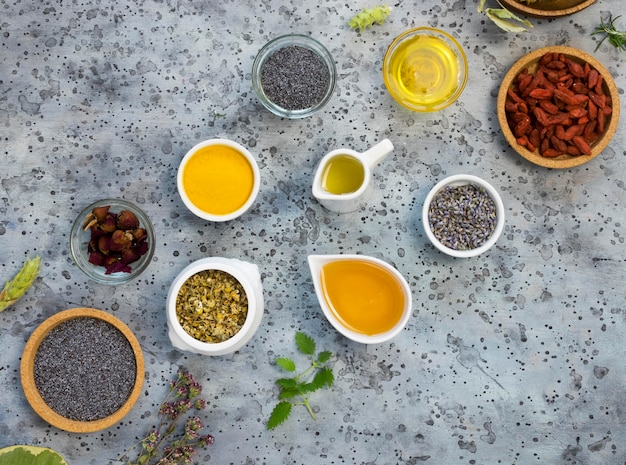 Flat lay of organic medicinal spices and herbs