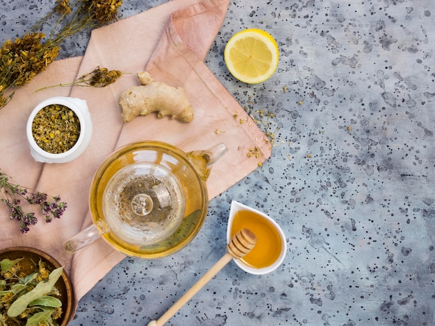 Flat lay of organic medicinal spices and herbs