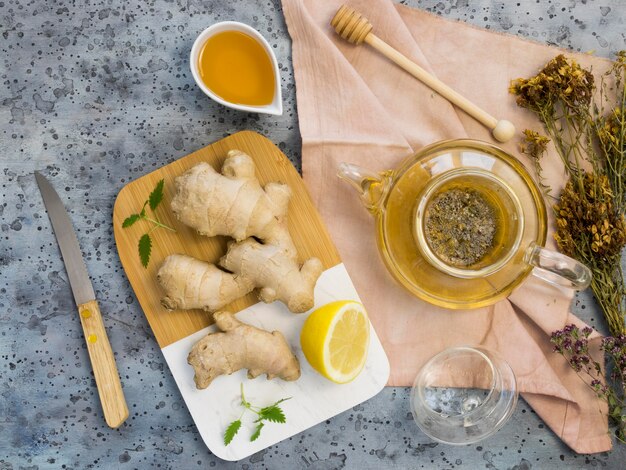 Flat lay of organic medicinal spices and herbs