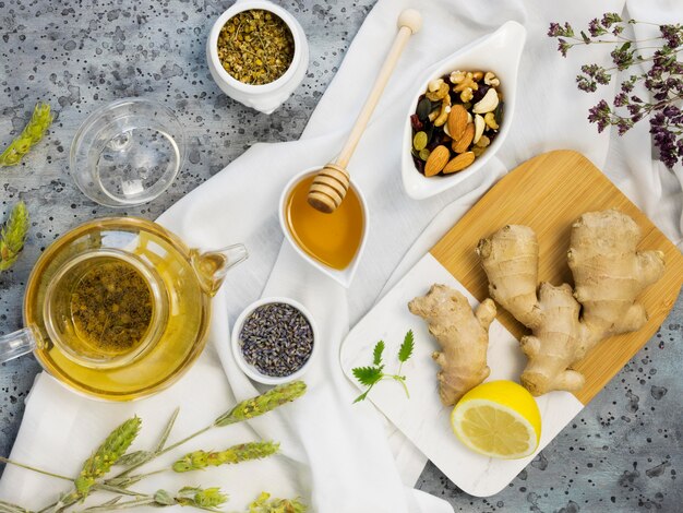 Flat lay of organic medicinal spices and herbs