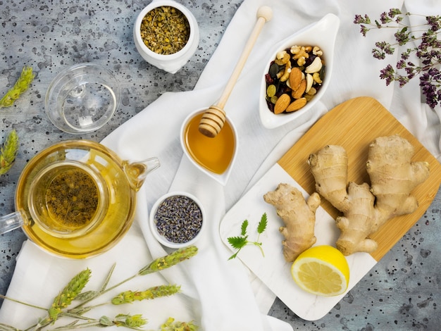 Flat lay of organic medicinal spices and herbs