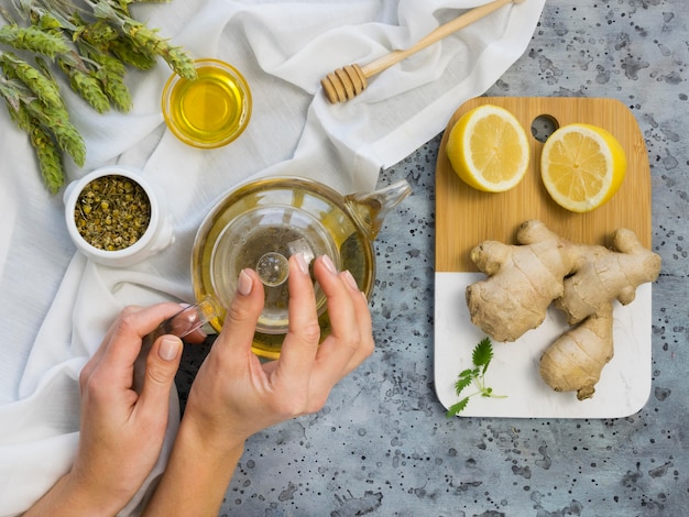 Flat lay of organic medicinal spices and herbs