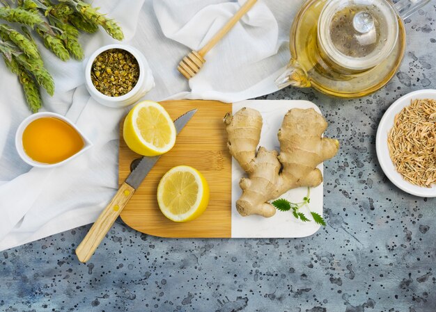 Flat lay of organic medicinal spices and herbs