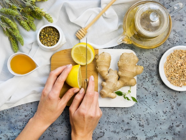 Flat lay of organic medicinal spices and herbs