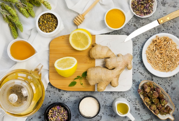 Flat lay of organic medicinal spices and herbs