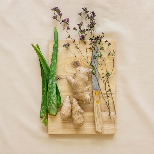 Flat lay of organic medicines with ginger