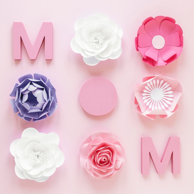 Flat lay paper flowers for mother's day