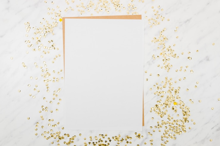 Free Photo flat lay paper mockup with golden confetti