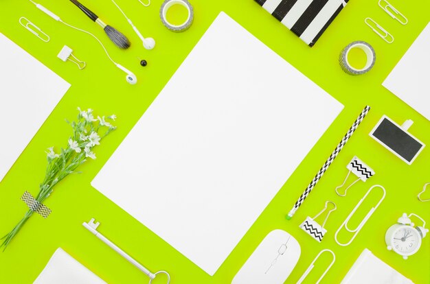 Flat lay paper mockup with office supplies