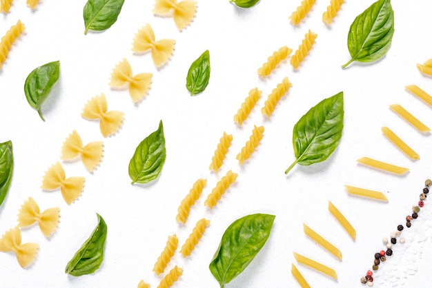 Flat lay of pasta arrangement on white background