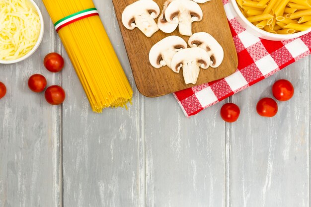 Flat lay of pasta and mushrooms