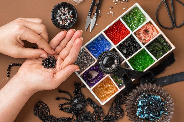 Flat lay of person doing bead work