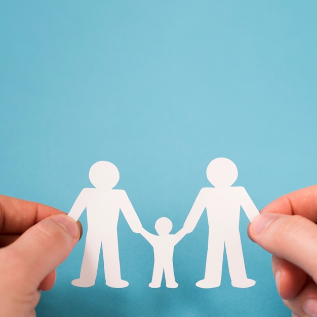 Free photo flat lay person holding in hands cute paper family