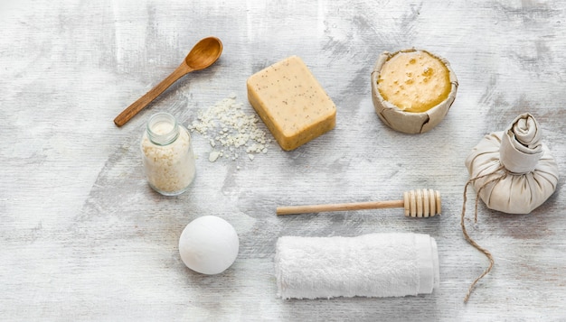 Flat lay photo . Spa-still life of skin care items.