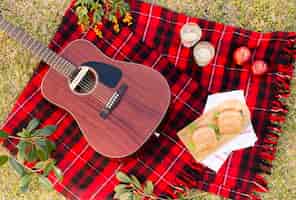 Free photo flat lay picnic with acoustic guitar
