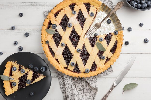 Flat lay pie with blueberries