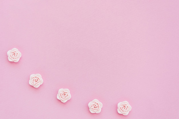 Free photo flat lay of pink spring roses with copy space