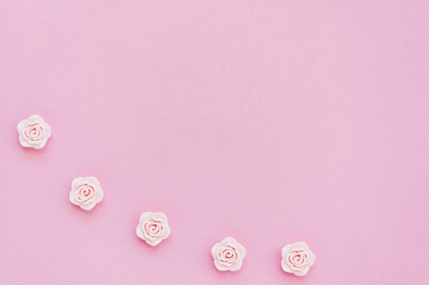 Flat lay of pink spring roses with copy space