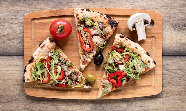 Flat lay pizza slices arrangement