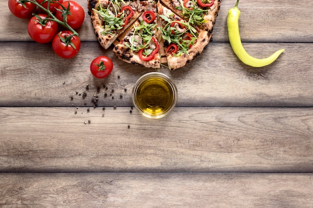 Flat lay pizza slices with toppings