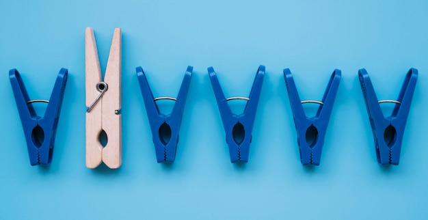 Free photo flat lay plastic clothespins and a wooden one