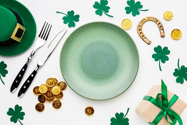 flat lay plate and cutlery st patrick day