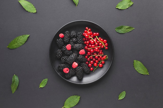 Flat-lay plate of fresh berries with leaves