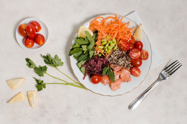 Flat lay of plate of healthy food