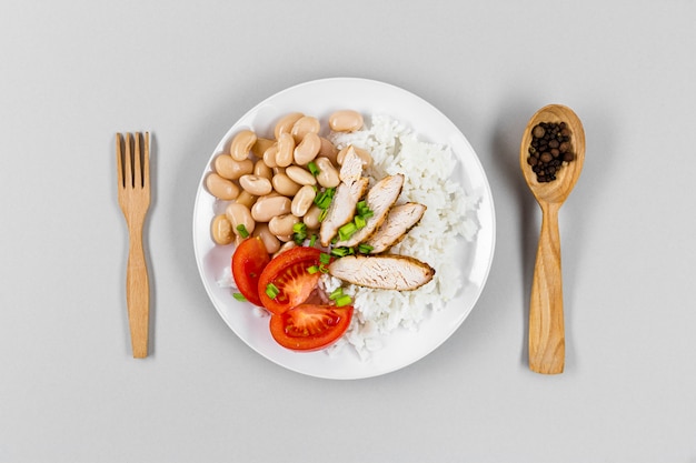 Flat lay of plate with beans and rice