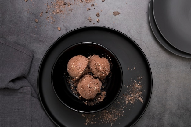 Flat lay plate with chocolate ice cream