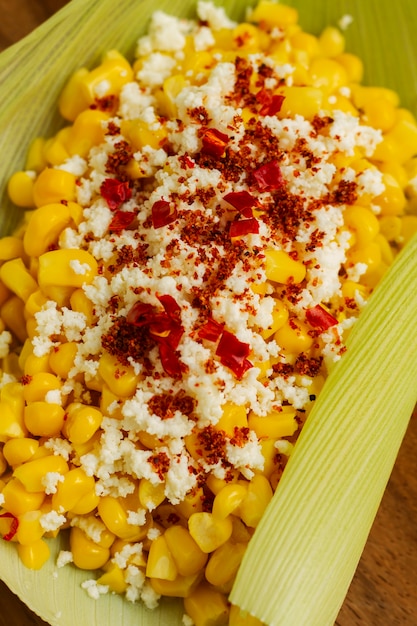Flat lay plate with delicious esquites
