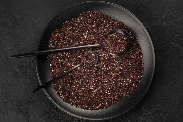 Flat lay of plate with seeds and condiments