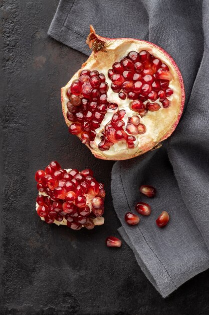 Flat lay pomegranate autumn fruit