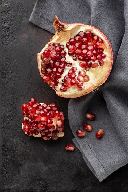 Flat lay pomegranate autumn fruit