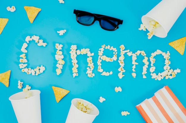 Flat lay of popcorn and 3d glasses for cinema concept