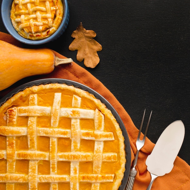 Flat lay of pumpkin pie for thanksgiving