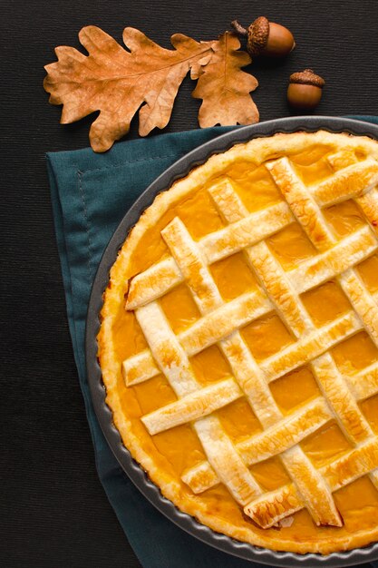 Flat lay of pumpkin pie for thanksgiving