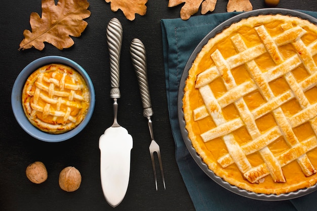 Flat lay of pumpkin pie for thanksgiving