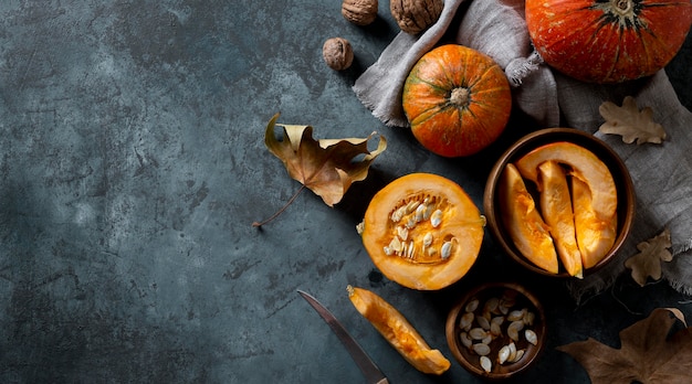 Flat lay pumpkins arrangement