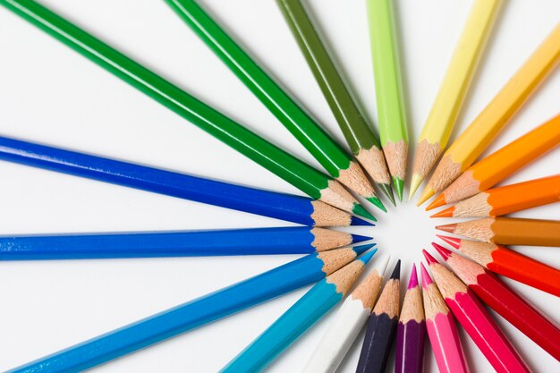 Flat lay rainbow sharpened pencils 