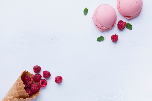 Flat lay of raspberry flavored ice cream