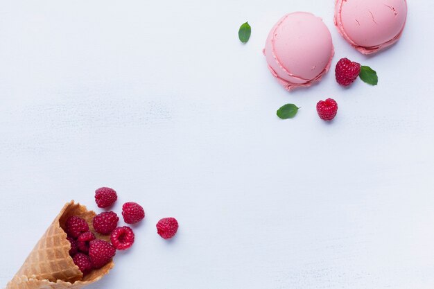 Flat lay of raspberry flavored ice cream