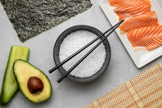 Flat lay raw salmon and avocado